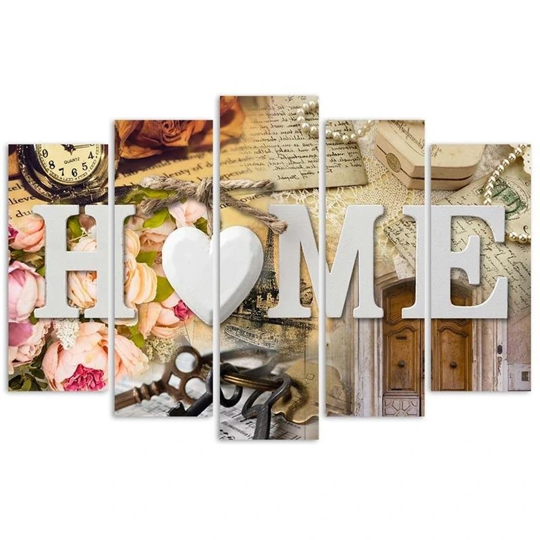 5 stykke lærredsprint Home Heart Retro Inscription 