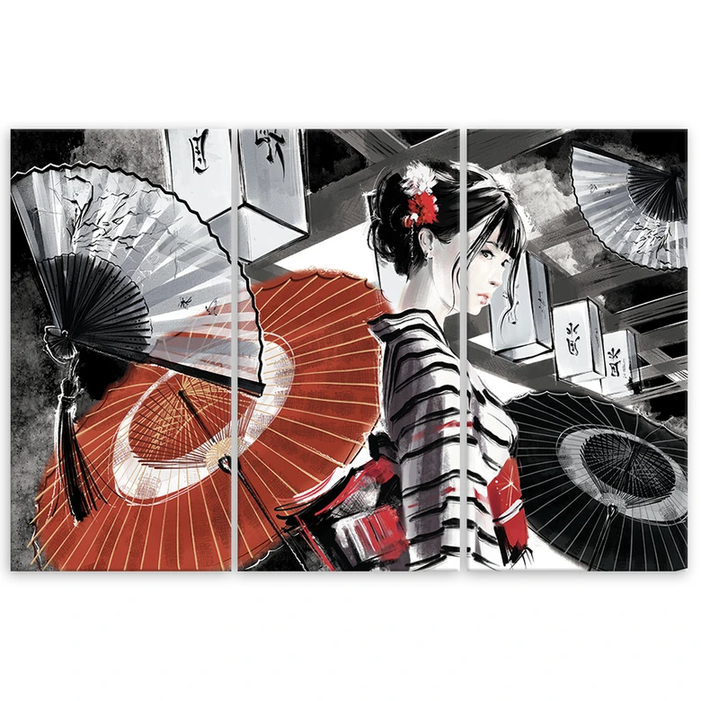 3-delt lærredsprint, Geisha med vifte 