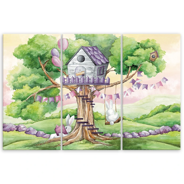Leinwandbild 3 teilig, Weiße Kaninchen Hütte auf dem Baum 