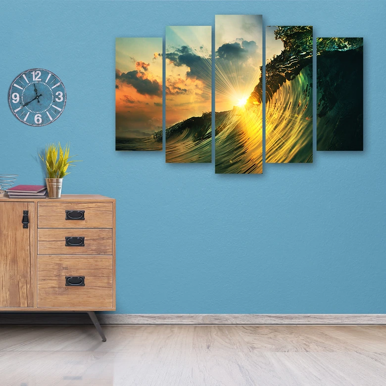 Leinwandbild 5 teilig, Wellen Meer Himmel Sonnenuntergang 
