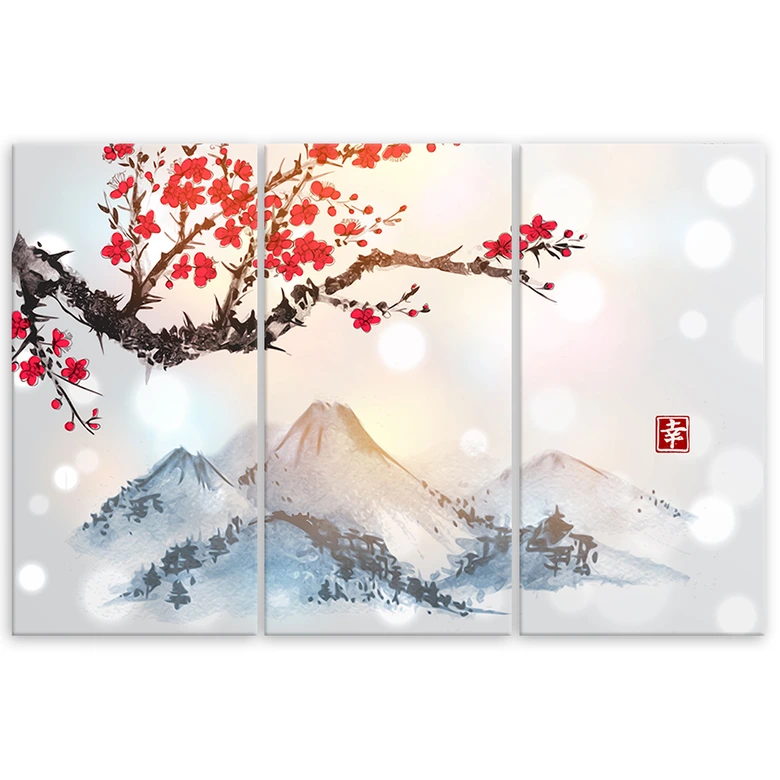 Leinwandbild 3-teilig, Japan Kirschblüten Berge 