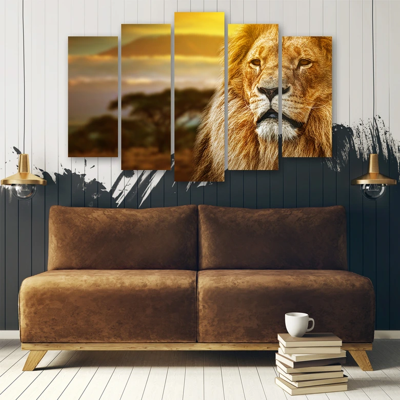Leinwandbild 5 teilig, Löwe Afrika Savanne Landschaft 