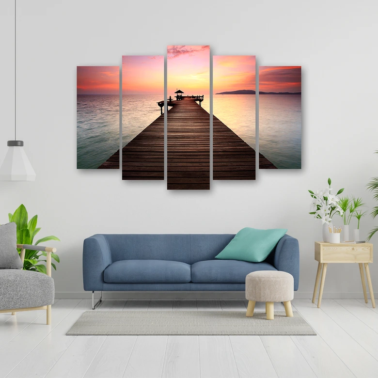 Tableau sur toile 5 pièces, Jetty Beach Sea Sunset 