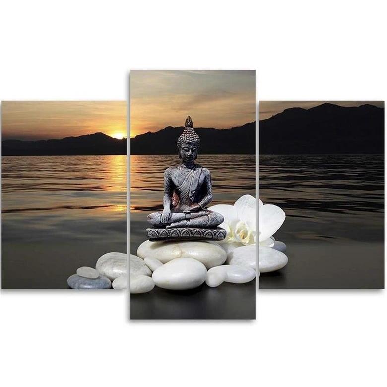 Leinwandbild 3-teilig, Buddha Zen Spa Sonnenuntergang 