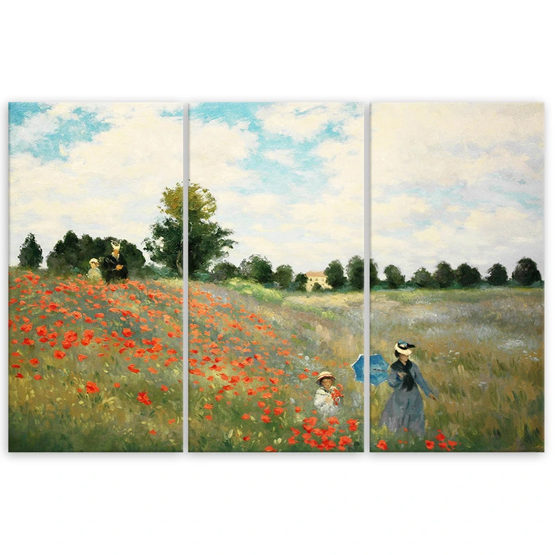 Leinwandbild 3-teilig, Mohnblumenfeld Claude Monet 