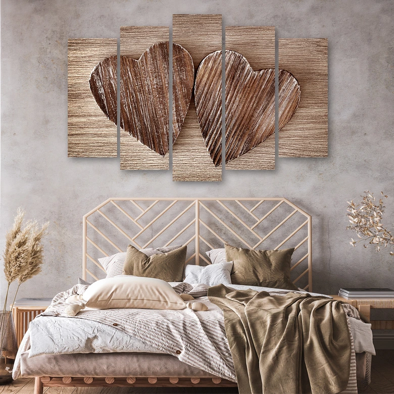 Wandbild 5-teilig, Herz Holz Braun Retro 