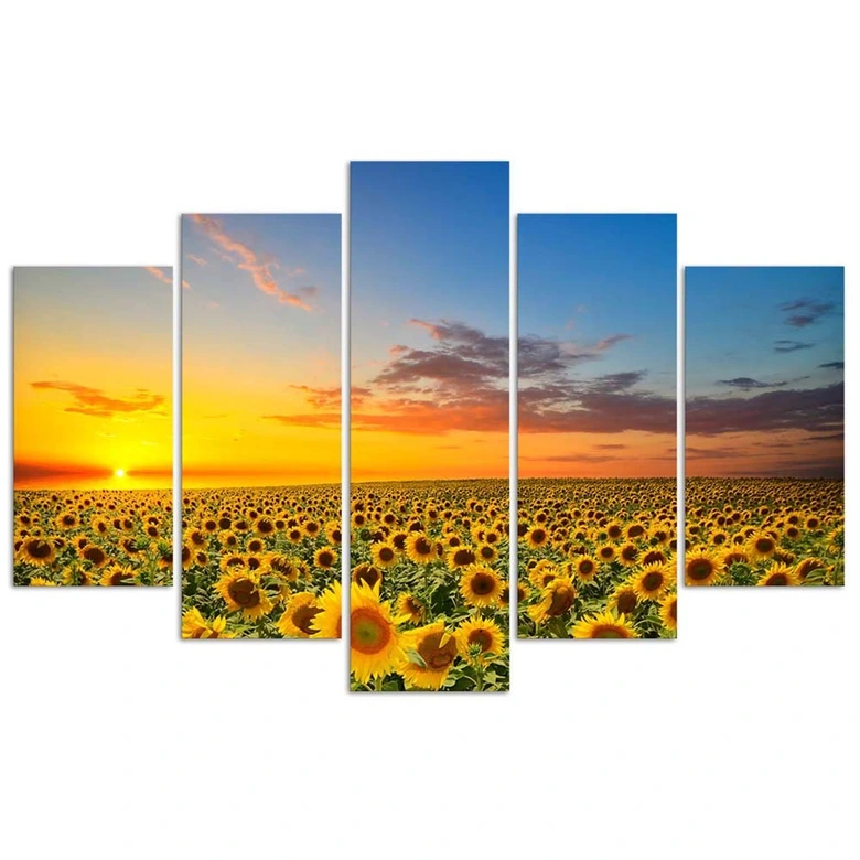 Leinwandbild 5 teilig, Sonnenblumen Sonnenuntergang 