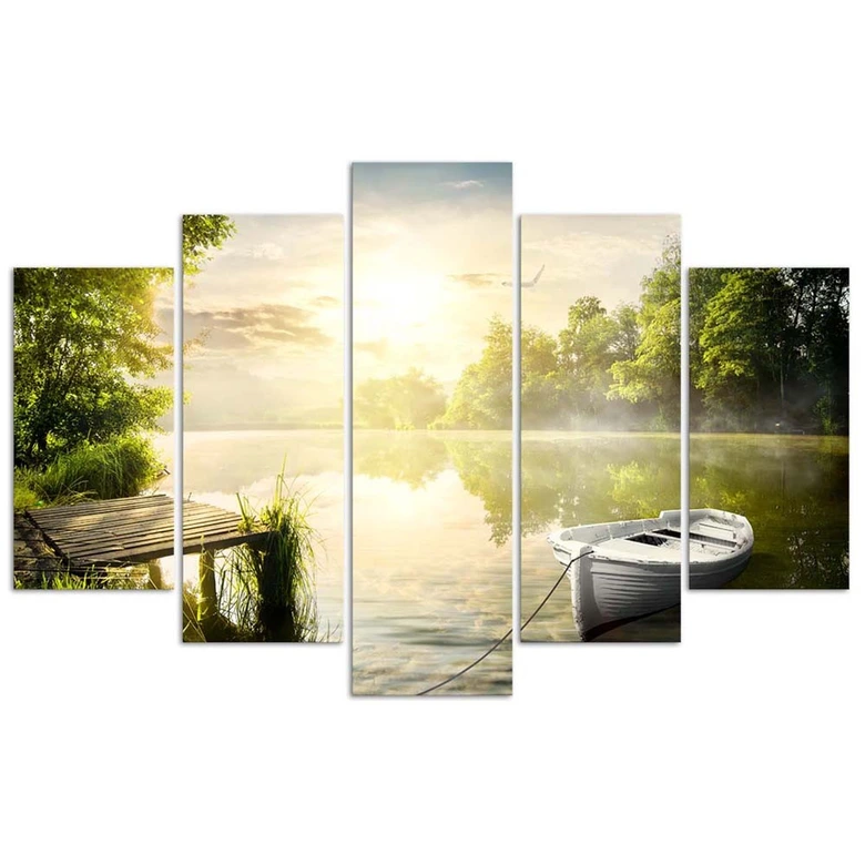 Leinwandbild 5 teilig, Sonnenaufgang See 
