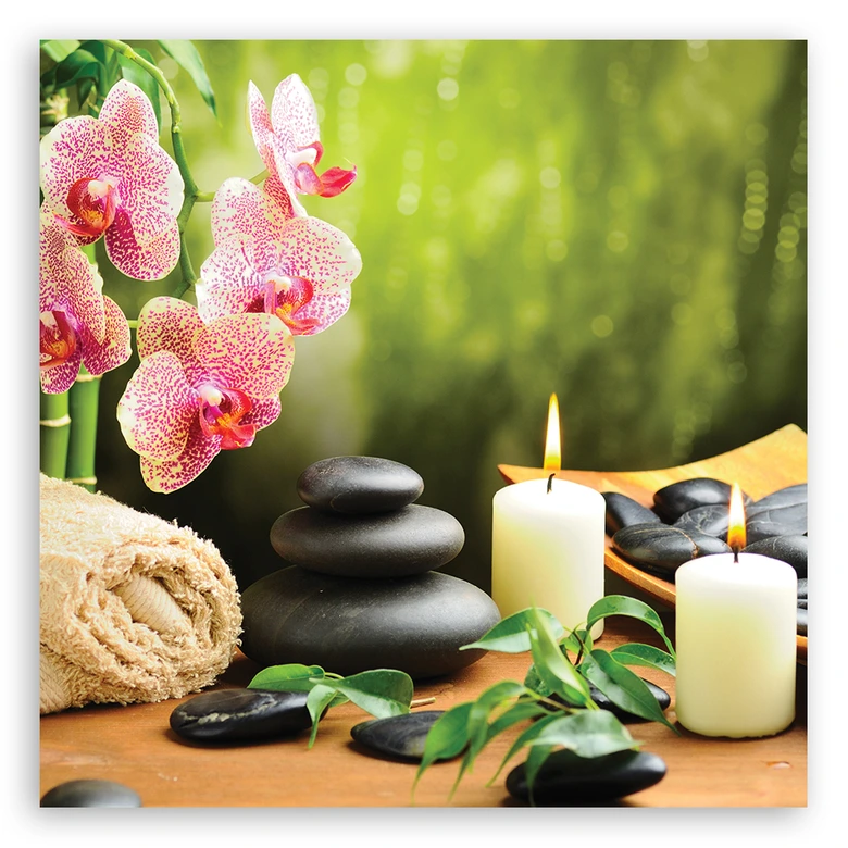 Leinwandbild, Orchideen Kerzen Zen Steine 