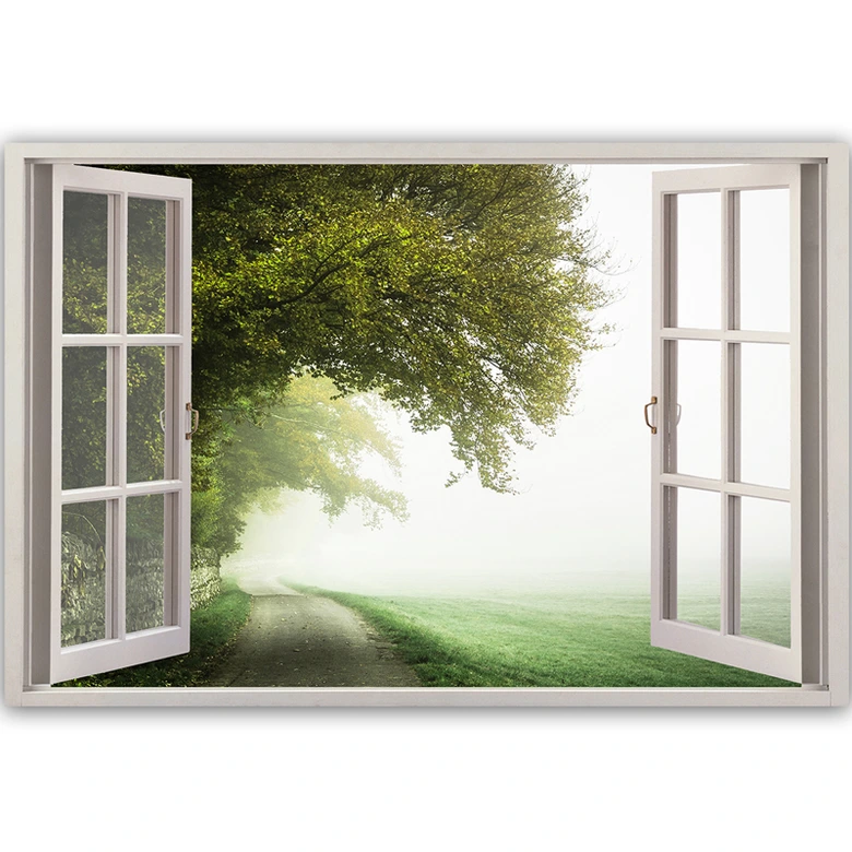 Leinwandbild, Fensterblick, nebliger Baum 