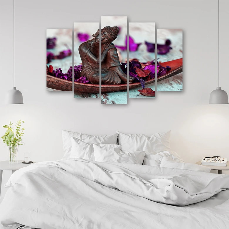 Leinwandbild 5 teilig, Buddha Blumen Zen Lila 