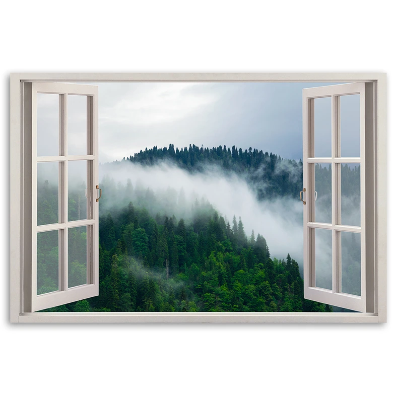Canvas schilderij, Venster uitzicht bos in de mist 