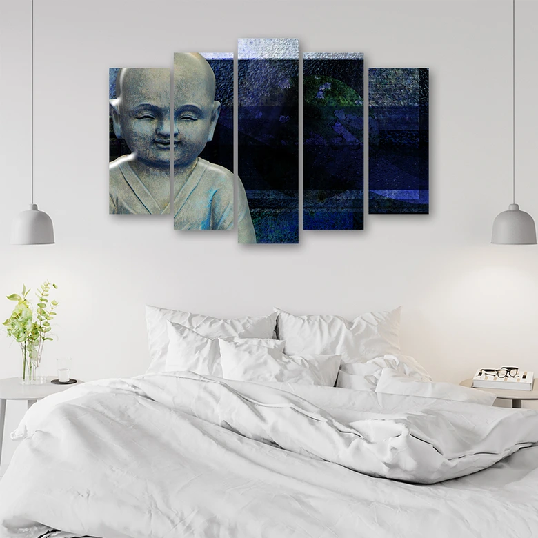Leinwandbild 5 teilig, Buddha Feng Shui Meditation Blau 