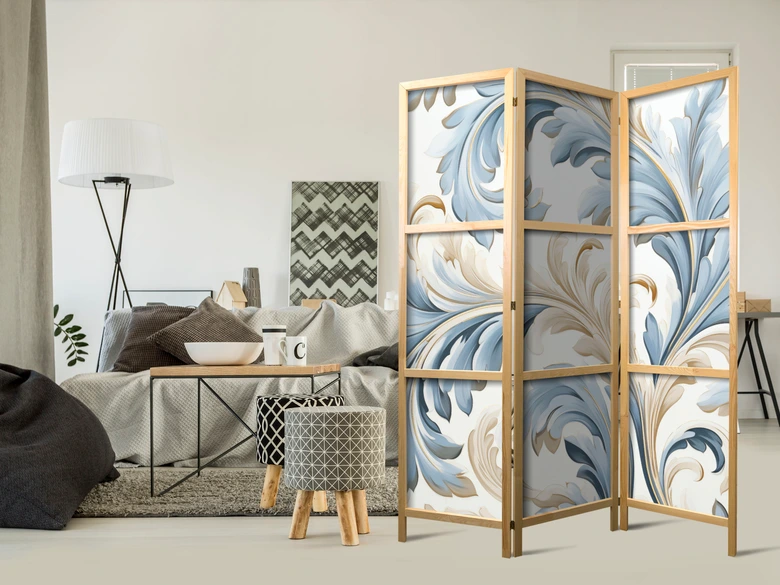 Japanischer Paravent, Raumteiler freistehend, Trennwand - Baroque Ornaments in Light - Cream-Blue Colors 