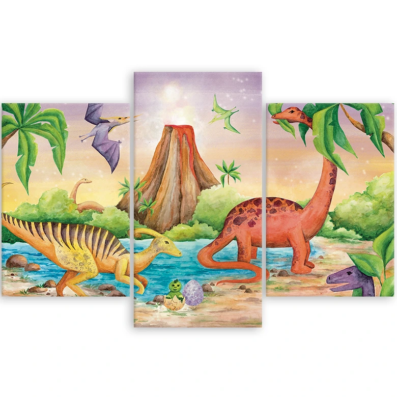 Leinwandbild 3 teilig, Dinosaurier am See 