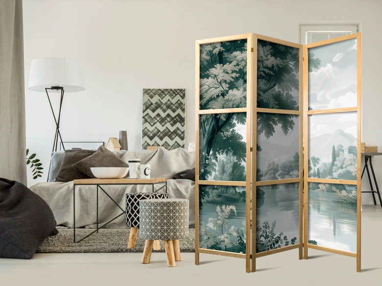 Japanischer Paravent, Raumteiler freistehend, Trennwand - Retro Vintage Landscape in Greens 