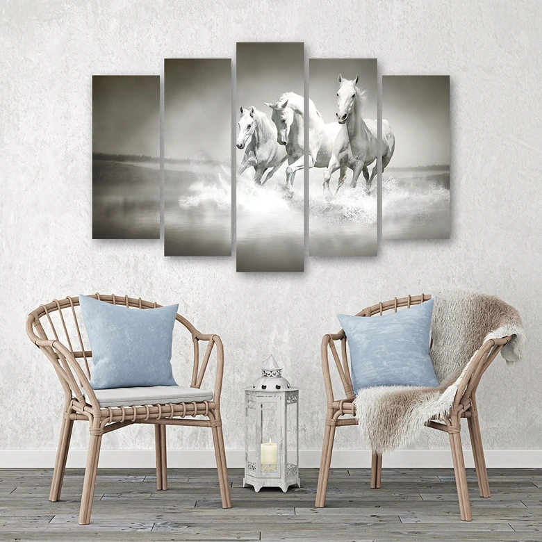 Leinwandbild 5 teilig, Galopp der weißen Pferde 