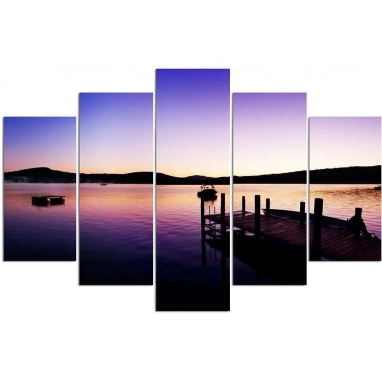 Leinwandbild 5 teilig, Brücke Sonnenuntergang Violett 