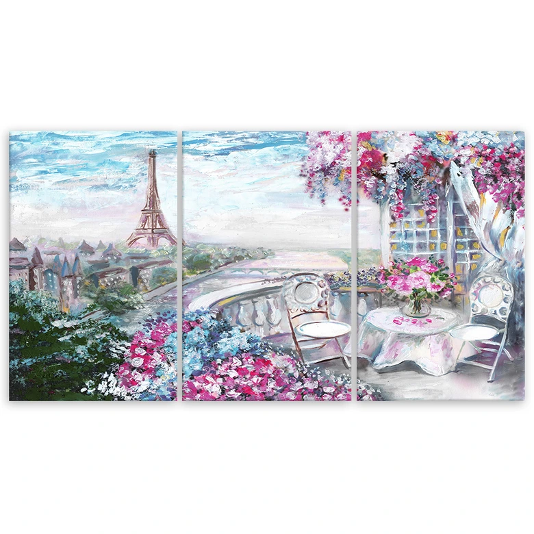 Leinwandbild 3-teilig, Paris Eiffelturm Landschaft Rosa Pastell 