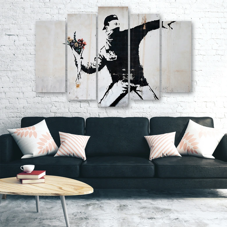 Leinwandbild 5 teilig, Banksy Graffiti Kunst Blumen 