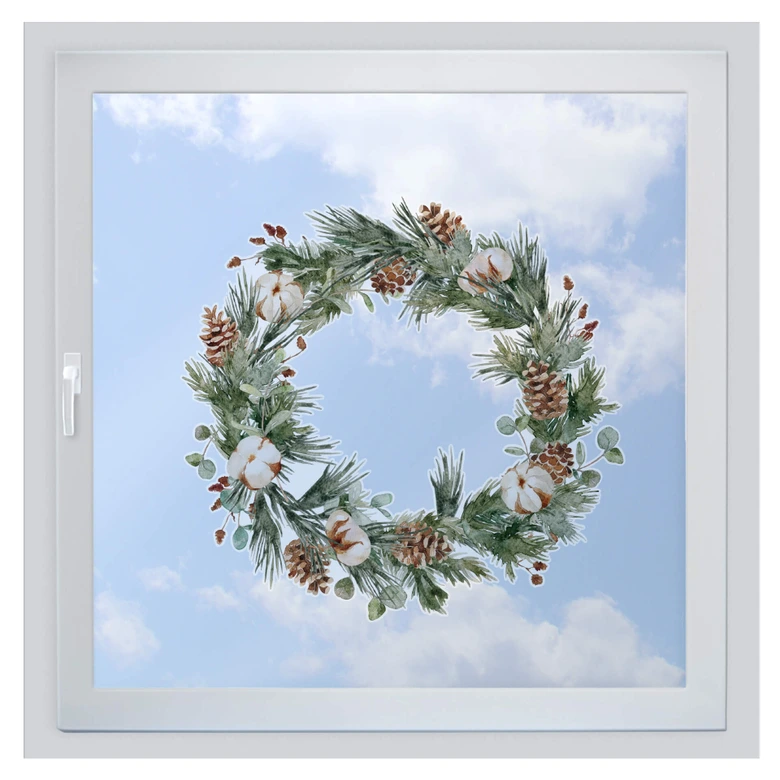 Winter Fensterbild Tannenkranz mit Zapfen und Baumwollblüten | Fensterdeko Weihnachten 