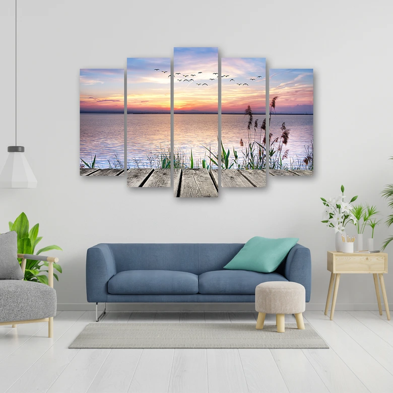 Leinwandbild 5 teilig, Steg Strand Sonnenuntergang  