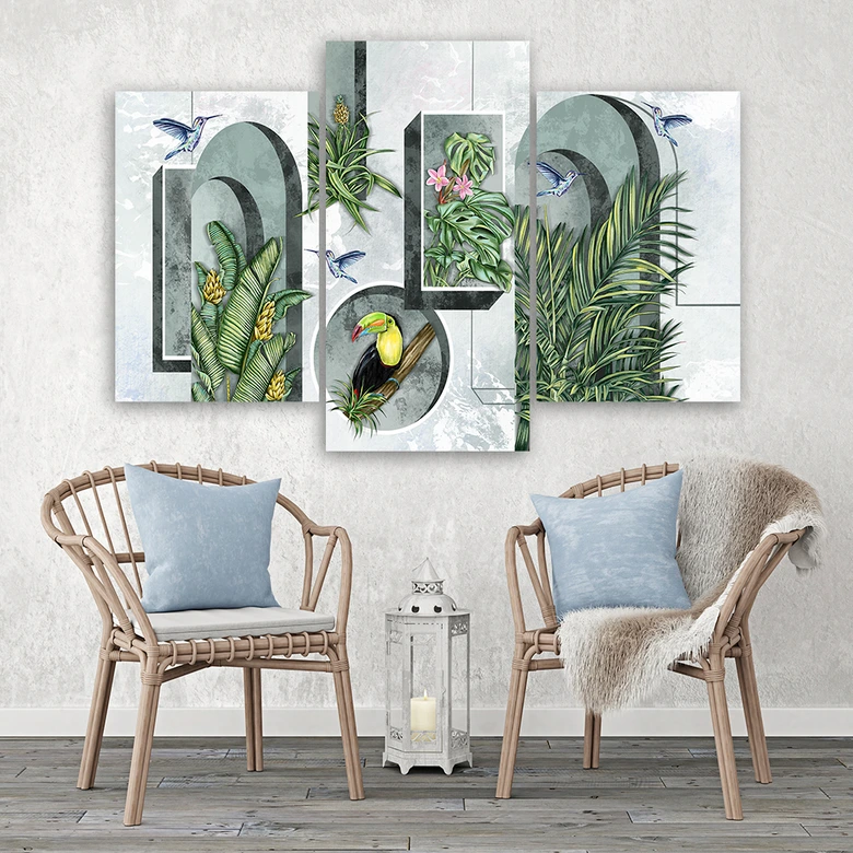 Leinwandbild 3 teilig, Formen in der Wand mit Pflanzen und Vögeln Toucan Koliber 