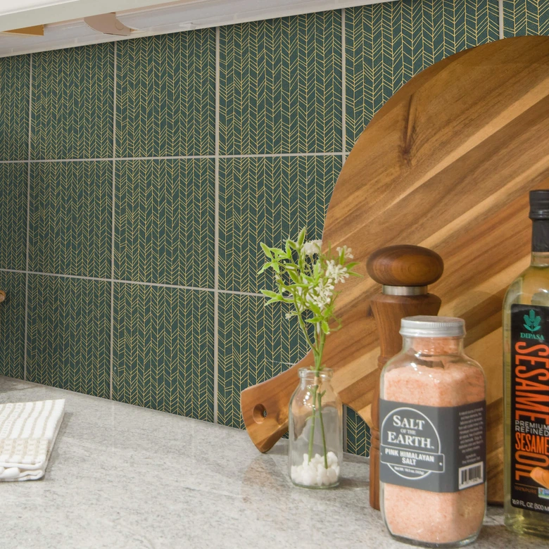 Azulejos Adhesivos en espiga filigrana - verde naranja (alto brillo) - lote de 12 Alto brillo | 15x15 cm