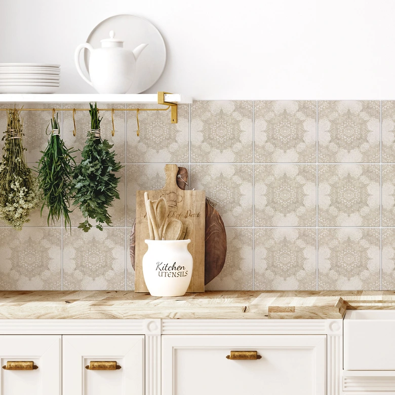 Fliesenaufkleber Elegantes Mandala in Sandgold - Bloomery Decor - 12er Set) 