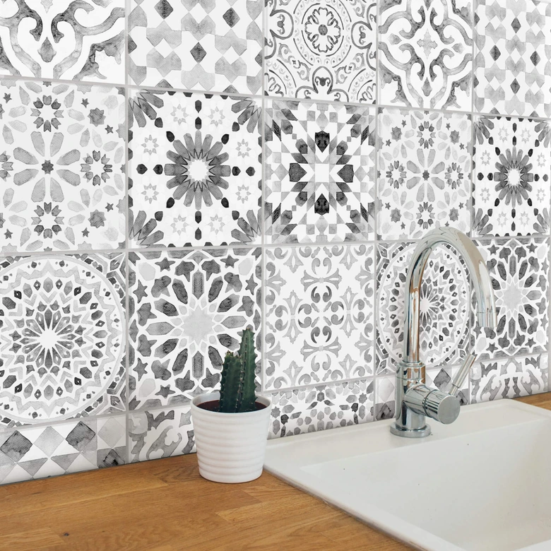 Azulejos Adhesivos con motivos marroquíes en blanco y negro - lote de 12 Mate | 10x10 cm