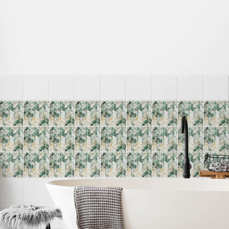 Kakeldekorer Grönt fiskbensmönster i akvarell - Treechild - Set om 12 Matt | 15x15 cm