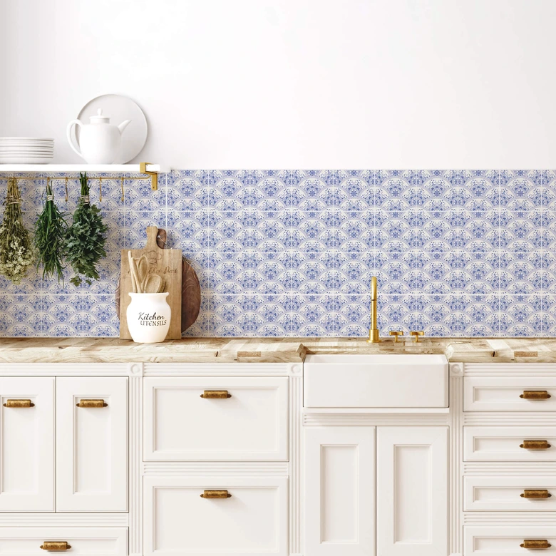 Azulejos Adhesivos azul motivo floral en estilo Art Deco - lote de 12 Alto brillo | 10x10 cm