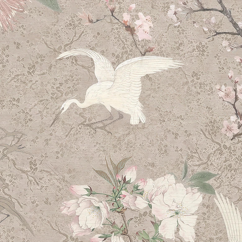 Fotomural Pájaros Japandi | Grullas en Flor de Cerezo Rush Beige - Bloomery Decor 