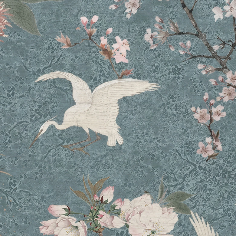 Japandi Stijl Fotobehang - Kraanvogels in Kersenbloesem Rush Blauw - Bloeiende Decor 