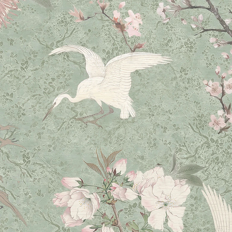 Vogel-Tapete im Asia-Stil - Kraniche im Kirschblüten-Rausch Grün - Bloomery Decor 