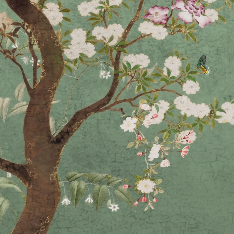 Chinoiserie Fototapete Kraniche in floraler Landschaft - Bloomery Decor 