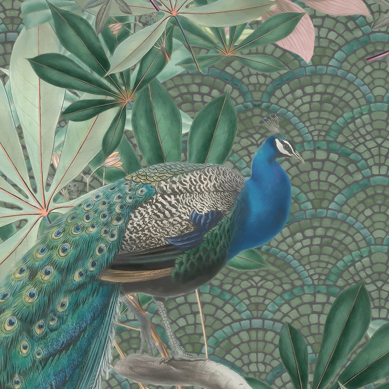 Papel pintado de Pavo real en mosaico de jardín tropical - Bloomery Decor 