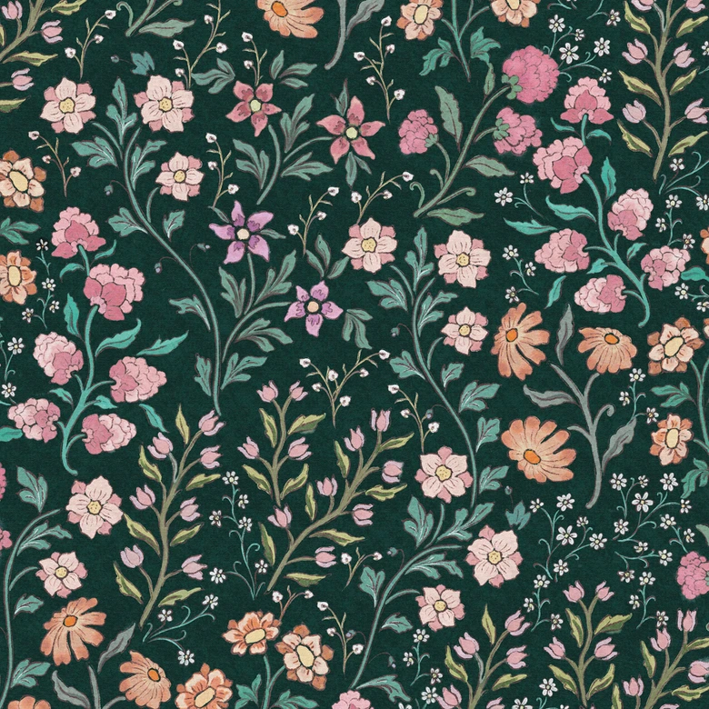 Fototapete mit Blumenmuster - Wiesenblumen Vintage - Dunkelgrün - Bloomery Decor 