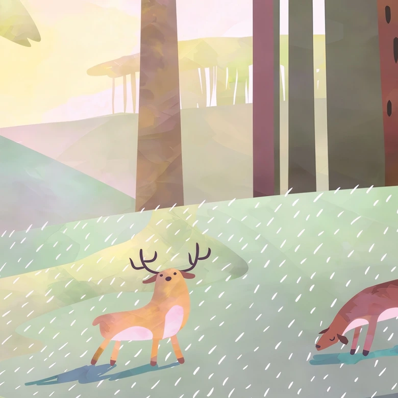 Fototapete Sonniger Wald mit Hirsch und Reh - DigitalArtsi - Kinderzimmer 