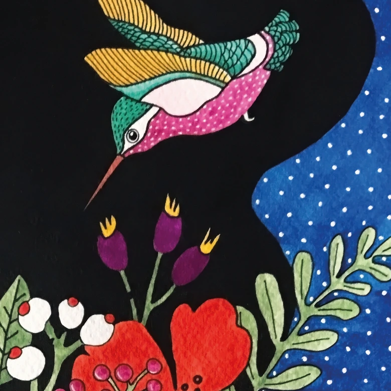 Papier peint femme avec colibri dans la nuit étoilée - Hülya 