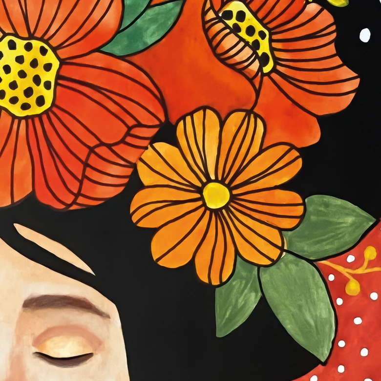 Papier peint femme souriante avec fleurs oranges - Hülya 