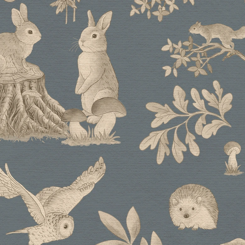 Fototapete Bezaubernder Wald mit Tieren - Vintage blau - Kikki Belle 