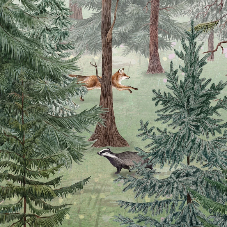 Fotobehang, natuurbehang voor kinderen - bosdieren in een groen alpenbos - Kikki Belle 