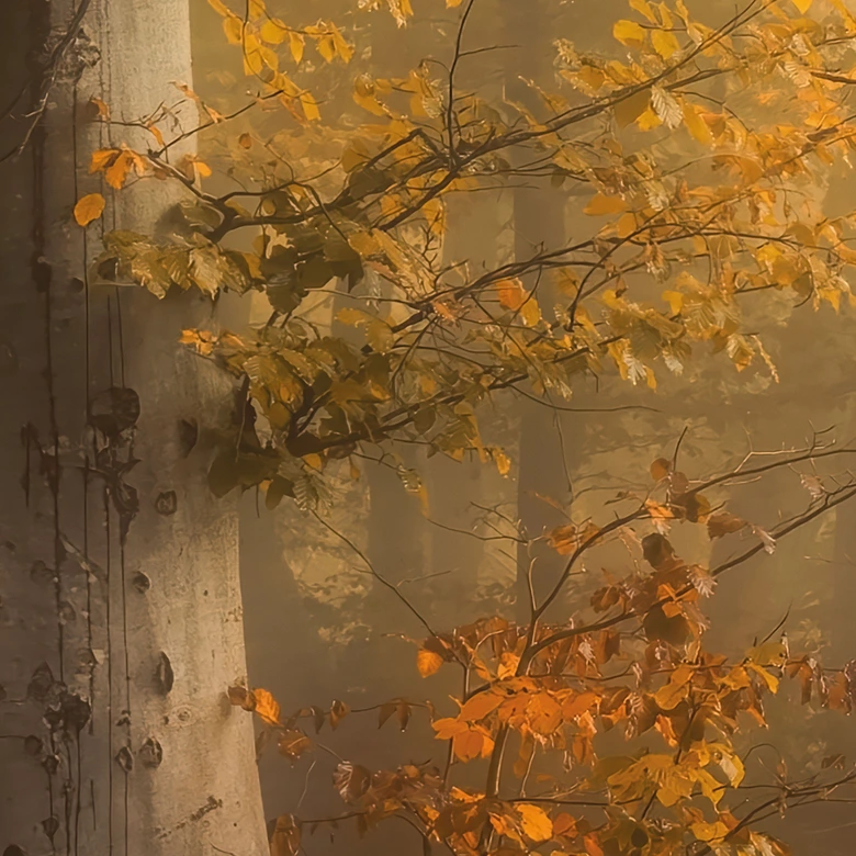 Fototapete Waldtapete - Goldene Blätter im nebligen Wald - Maier 