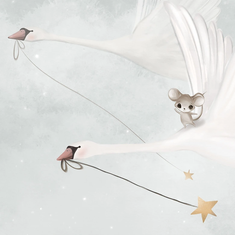 Kinderzimmer Fototapete Schwäne und Mäuse im Sternenflug - Ms Tiff 