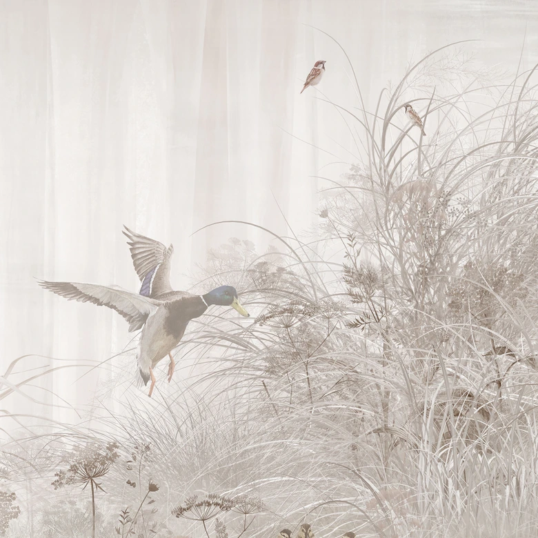 Bos Fotobehang - bos bij het meer in beige mist - Ms Tiff 