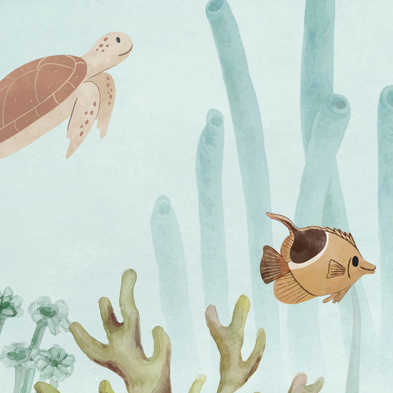 Papier peint enfant Aventure sous-marine avec animaux marins - Bleu - Oliver Robins 