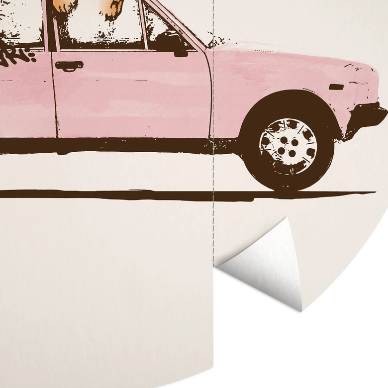 Papier peint photo rond Tigre sur une voiture rose - Bodart - papier peint intissé/papier peint intissé autocollant 