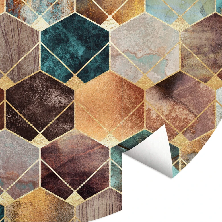 Round wall mural Fredriksson - Gold and Copper Hexagons - non self-adhesive/self-adhesive wallpapers 