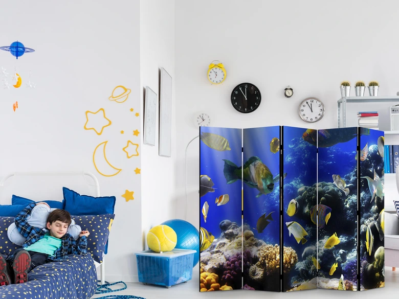 Paravent, Raumteiler freistehend, Trennwand - Underwater adventure II, 5-teilig - einseitig bedruckt - 225x172 cm 